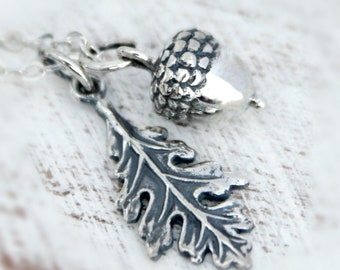 Sterling Silver Acorn and Oak Leaf Necklace: Autumn Jewelry