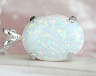 Lab-Created White Fire Opal Oval Pendant Necklace, Sterling Silver, October Birthstone