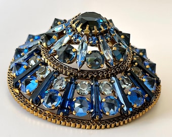 Signed Austria Mid-Century Dome Brooch: Sapphire Blue Crystal Statement Pin