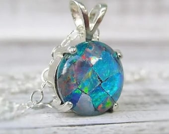 Australian Mosaic Opal Pendant Necklace: Sterling Silver, October Birthstone
