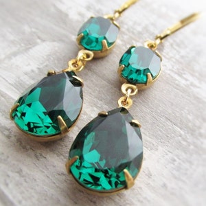 Emerald Green Swarovski Crystal Teardrop Earrings: Christmas, Bridal, Everyday