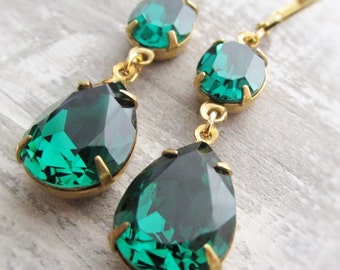 Emerald Green Swarovski Crystal Earrings, Long Dangling Teardrops, Pear Drop Rhinestones, Wedding,  Bridesmaid, Special Occasion Jewerly