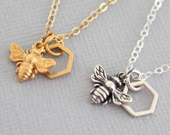 Honeybee Necklace, Sterling Silver Honeybee Necklace, Gold Honeybee and Honeycomb Necklace, Honeycomb, Honeybee Jewelry, Honeybee Lover