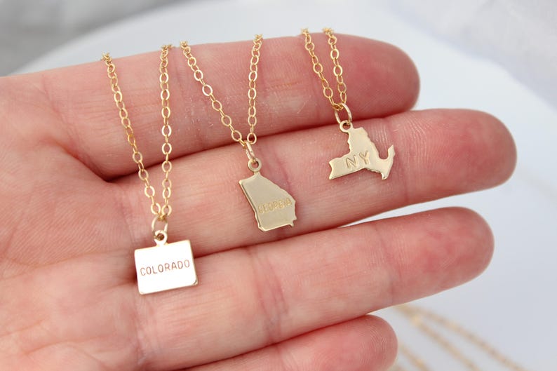 Gold State Charm Necklace, Tiny, Going Away Gift, State Charm Jewelry, State Shaped Charms, Gift For Her, Home Sweet Home image 2