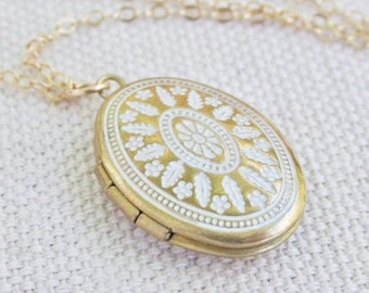 Small Gold Locket Necklace: Etched Pendant, 14k Gold Filled Chain