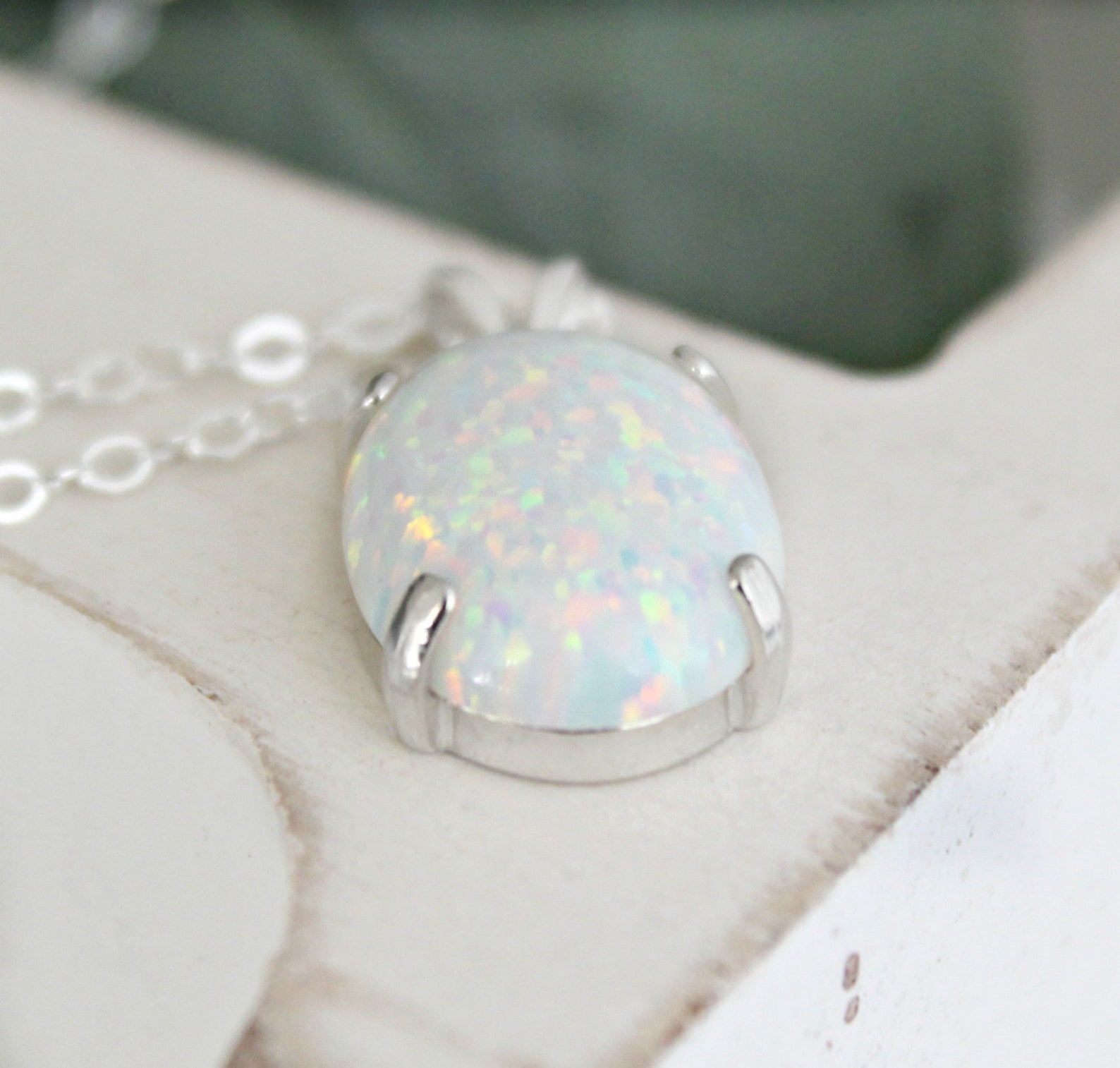 Sterling Silver Opal Necklace Opal Pendant Necklace October Etsy