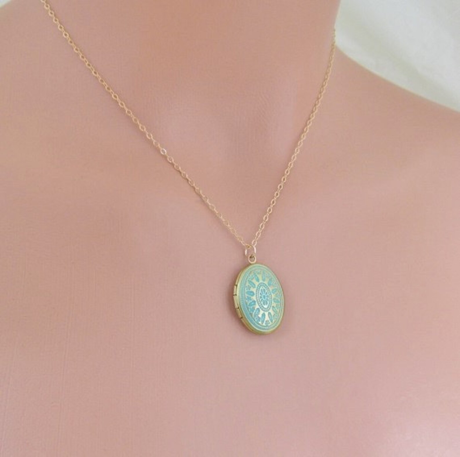 Turquoise and Gold Locket Necklace Small Locket Necklace Etsy