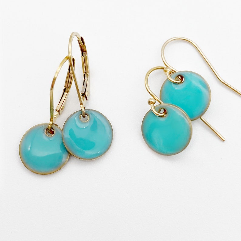 Tiny Round Turquoise Earrings in 14k Gold Filled Lever back or Shepherd Hook/French Hook Ear wire, Dangling Little Circles, Dots image 9