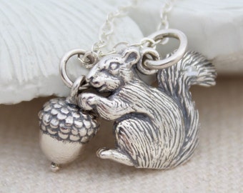 Sterling Silver Squirrel Acorn Charm Necklace, Squirrel Lovers Gift, Nature Lovers