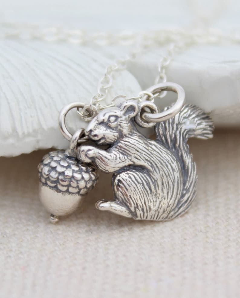 Sterling Silver Squirrel Acorn Charm Necklace, Squirrel Lovers Gift, Nature Lovers image 1