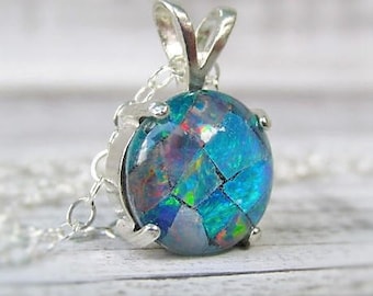 Opal Pendant Necklace, Round Sterling Silver Opal Necklace, October Birthstone Necklace, Australian Mosaic Opal Necklace, Opal Jewelry