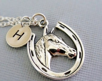 Personalized Horse Necklace, Silver Horse Charm Necklace, Horseshoe Charm Necklace, Horse Lovers Gift, Sterling Silver Horse Jewelry