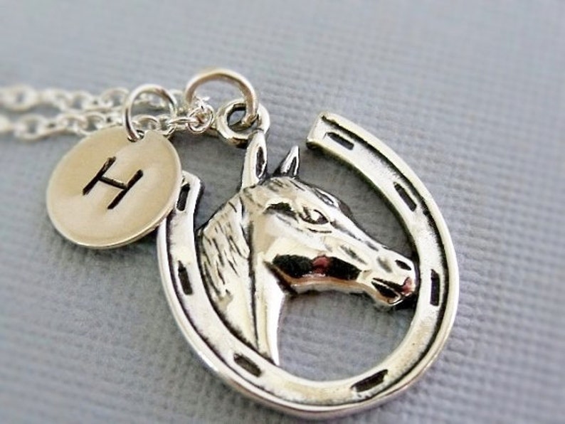 Personalized Horse Necklace, Silver Horse Charm Necklace, Horseshoe Charm Necklace, Horse Lovers Gift, Sterling Silver Horse Jewelry image 1