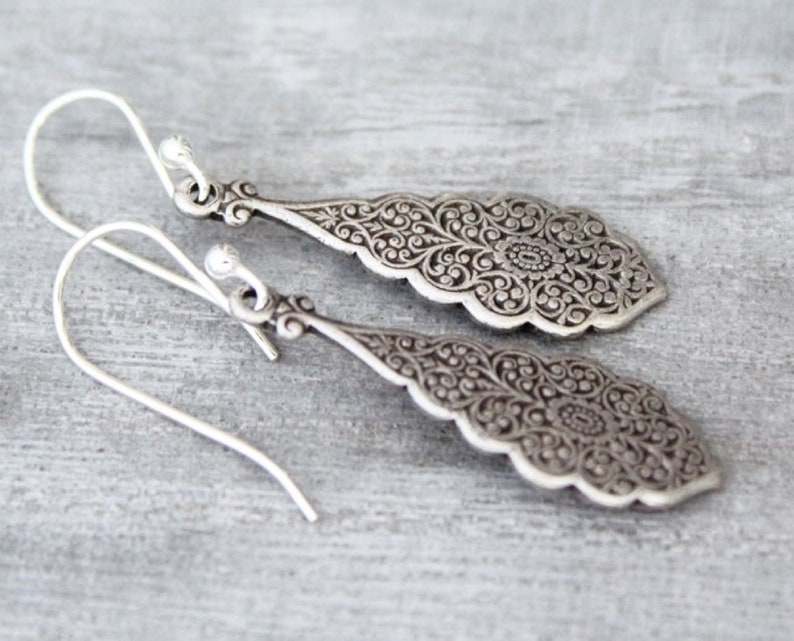 Dangling Silver Earrings, Sterling Silver, Art Nouveau Style Earrings, Teardrop Earrings, Silver drop Earrings, Lever Back Ear Wire, Long image 5