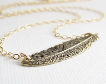 Gold Feather Necklace, Dainty Choker, Minimalist, Best Friend Gift, BFF, Boho, Simple Delicate, Layering Necklace