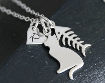 Sterling Silver Personalized Cat Charm Necklace, Heart Initial, Fish Bone Charm, Gift For Cat Lovers