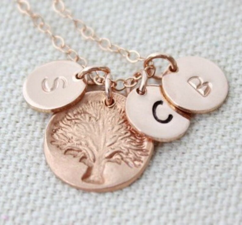 Rose Gold Tree Charm Necklace, Personalized Initial Necklace, Gift For Mom, Tree Of Life Pendant, Family Tree, Rose Gold Jewelry image 2