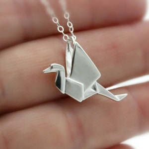 Sterling Silver Origami Crane Necklace: Bird of Happiness Pendant