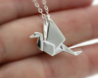 Sterling Silver Origami Crane Necklace: Bird of Happiness Pendant