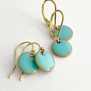 Tiny Round Turquoise Earrings in 14k Gold Filled Lever back or Shepherd Hook/French Hook Ear wire, Dangling Little Circles, Dots image 1