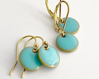 Tiny Round Turquoise Earrings in 14k Gold Filled Lever back or Shepherd Hook/French Hook Ear wire, Dangling Little Circles, Dots