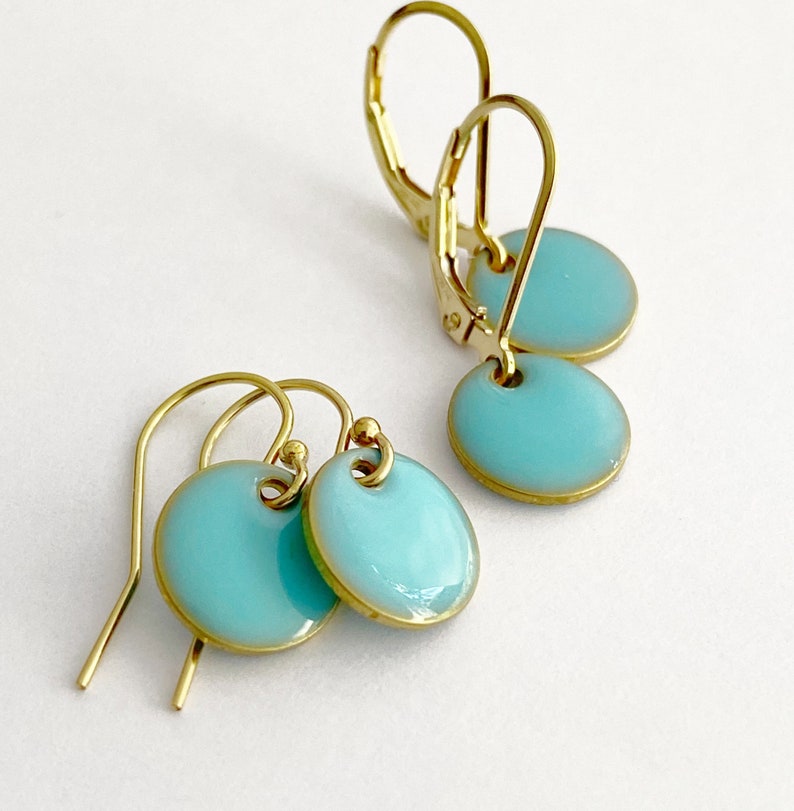 Tiny Round Turquoise Earrings in 14k Gold Filled Lever back or Shepherd Hook/French Hook Ear wire, Dangling Little Circles, Dots image 1