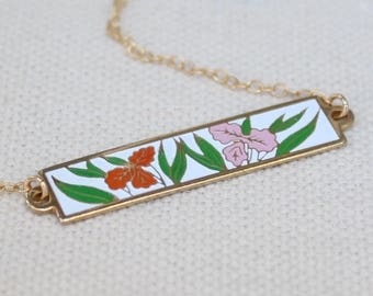 Gold Flower Necklace, Orange, Pink Flowers Lily's, Enameled Bar Connector, Gift For Flower Lovers, Gardening, Jewelry For Women,