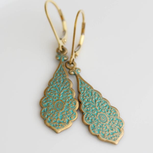 Dangling Turquoise Earrings, Art Nouveau Style Earrings, Gold Drop Earrings, 14k Gold Filled Ear Wire, Turquoise and Gold Teardrop Earrings