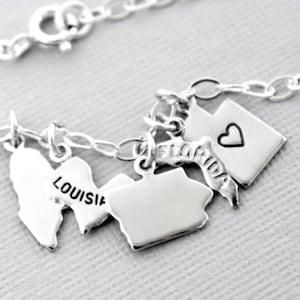 Silver State Charm Bracelet, Personalized With Heart, Blank or State Name, Adjustable Ext Chain, Small, Tiny, Danity, Sterling Silver Chain image 1