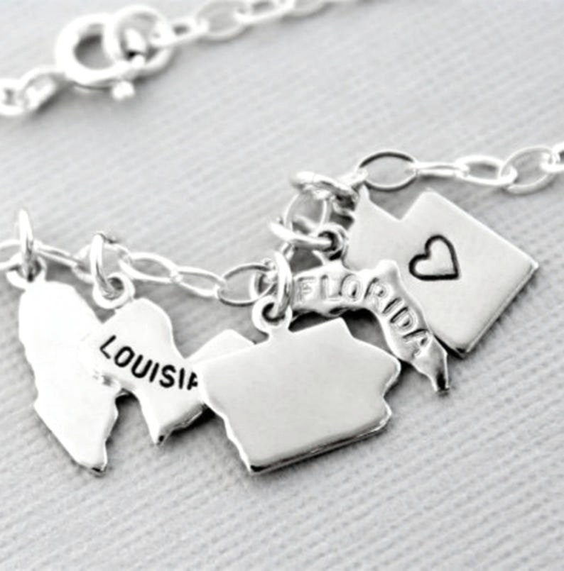 Silver State Charm Bracelet, Personalized With Heart, Blank or State Name, Adjustable Ext Chain, Small, Tiny, Danity, Sterling Silver Chain image 1