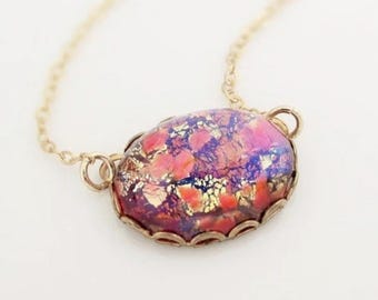 Vintage Fire Glass Opal Pendant Necklace: 14k Gold Filled Chain