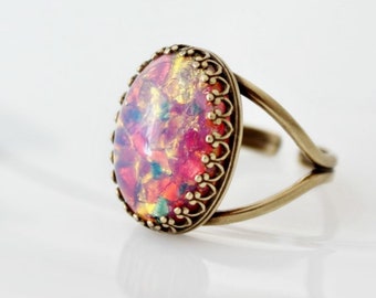 Fire Opal Adjustable Ring. Large Colorful Statement Ring, Adjustable, Big Harlequin Oval Glass Stone, Crown Setting