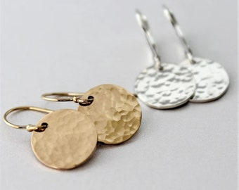 Tiny Dangling Hammered Circle Earrings, Dainty Petite Disc, Sterling Silver, 14k Gold Filled, Lightweight, Everyday Wear, Lever back, Hook