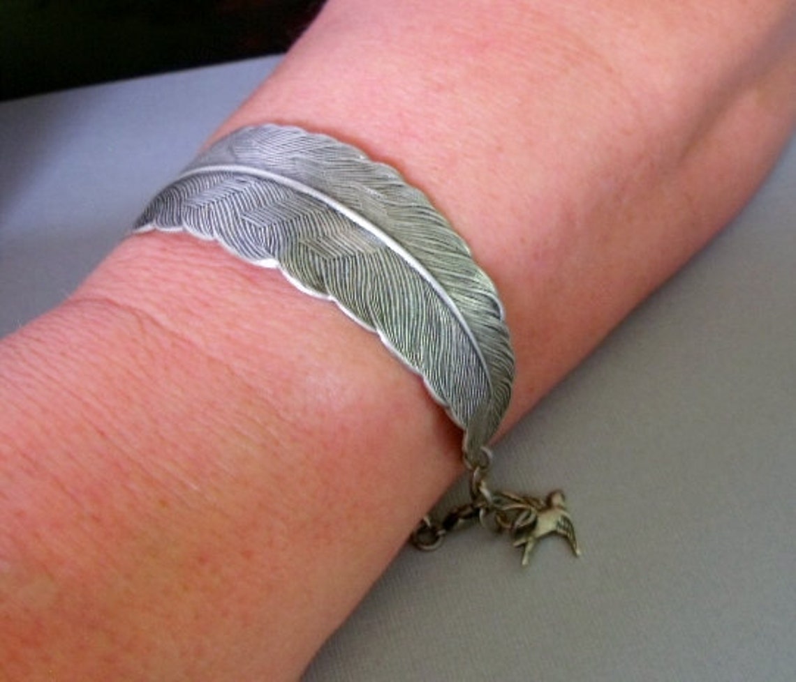 Silver Feather Bracelet Feather Cuff Bracelet Antique Etsy