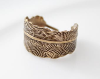 Antique Brass Feather Ring: Adjustable Wrap Jewelry
