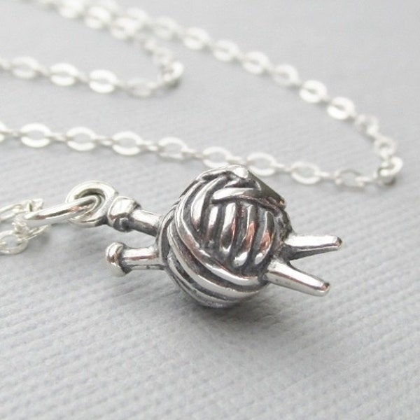 Solid Sterling Silver Knitting Charm Necklace, Gifts For Knitting Lovers, Yarn Charm With Knitting Needles, Hobby and Crafters Charms