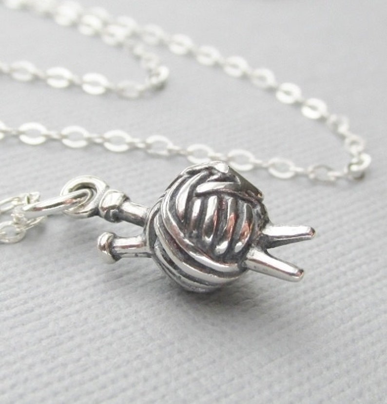 Solid Sterling Silver Knitting Charm Necklace, Gifts For Knitting Lovers, Yarn Charm With Knitting Needles, Hobby and Crafters Charms 