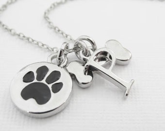 Silver Dog Charm Necklace, Personalized Pet Initial, Dog Mom, Paw, Bone, Pet Lovers Gift, Childs First Dog