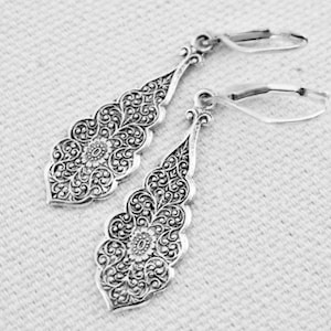 Sterling Silver Teardrop Earrings: Art Nouveau Etched Vine, Boho Dangle
