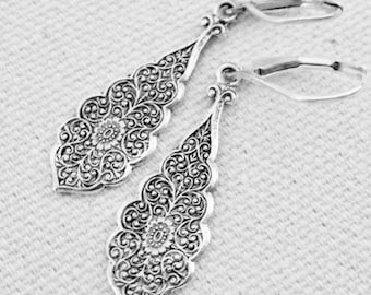 Sterling Silver Teardrop Earrings: Art Nouveau Etched Vine, Boho Dangle