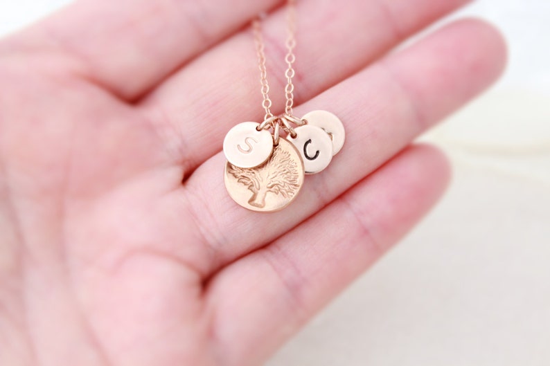 Rose Gold Tree Charm Necklace, Personalized Initial Necklace, Gift For Mom, Tree Of Life Pendant, Family Tree, Rose Gold Jewelry image 5