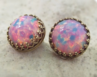 Fire Opal Stud Earrings: Antique Brass October Birthstone Jewelry
