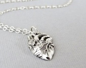 Sterling Silver Anatomical Heart Pendant Necklace: Realistic Gothic Jewelry