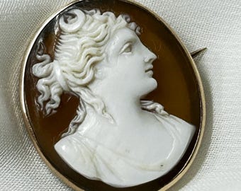 Antique 9K Gold Diana Cameo Brooch Victorian Artemis Moon Goddess Pin Hand Carved Shell Fine Estate Jewelry Stamped K9 PM Mythological Gift