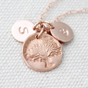 Rose Gold Tree Charm Necklace, Personalized Initial Necklace, Gift For Mom, Tree Of Life Pendant, Family Tree, Rose Gold Jewelry image 1