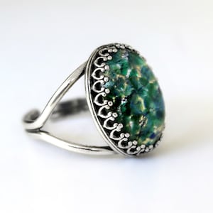 Emerald Green Fire Opal Ring, Large Adjustable Dinner Statement Ring, Silver, Antique Brass