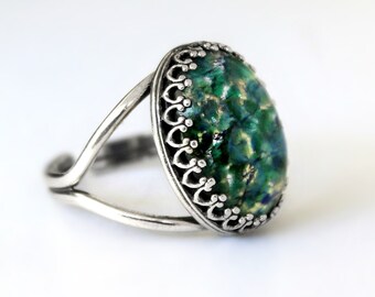 Smaragd Grün Feuer Opal Ring, große verstellbare Dinner Statement Ring, Silber, antikes Messing