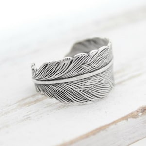 Sterling Silver Feather Ring: Adjustable Wrap Band
