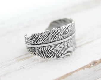 Silver Adjustable Feather Wrap Ring, Simple Silver Feather Jewelry, Gifts Under 20, Feather Ring