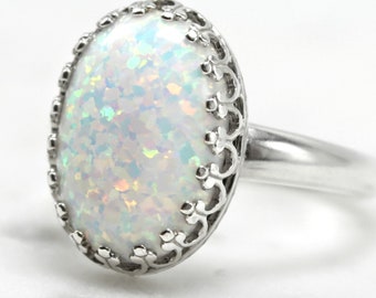 Sterling Silver White Opal Ring: Large Oval Gemstone, October Birthstone